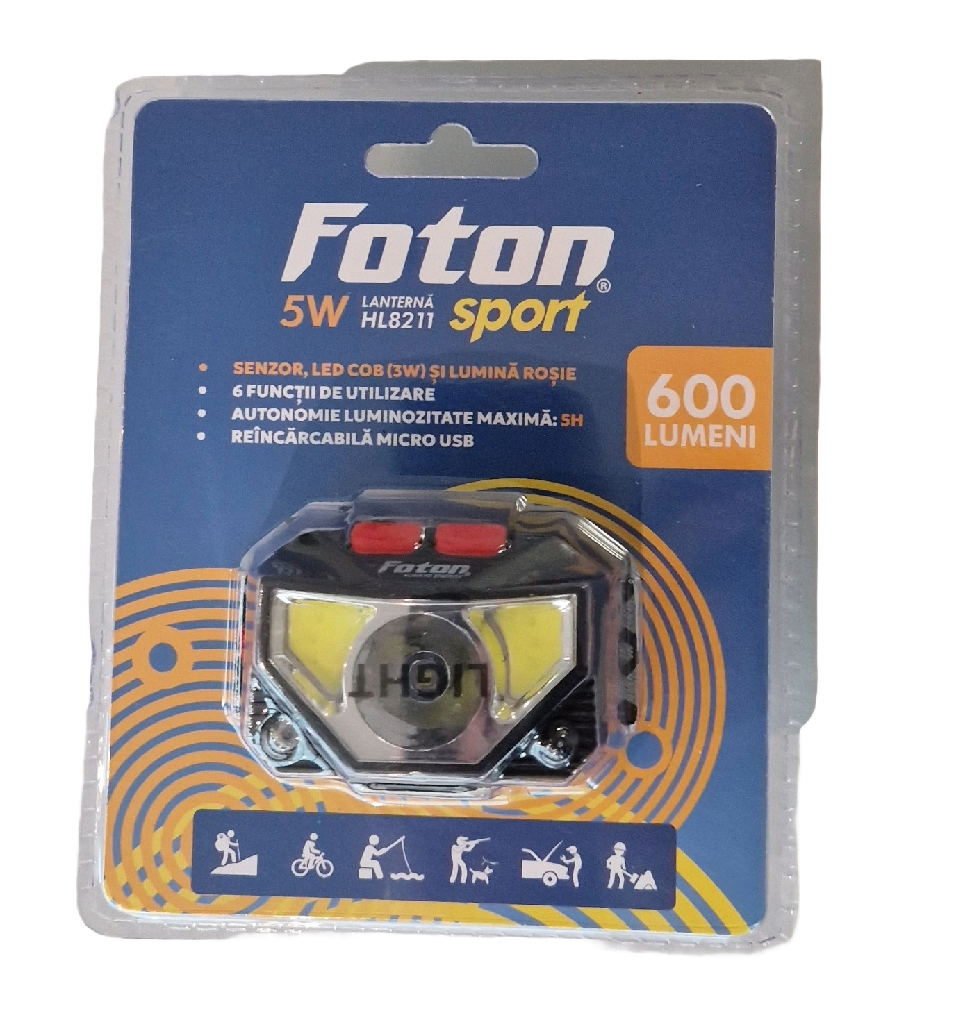 Lanterna frontala reincarcabila cu senzor Foton Sport HL8211 5W+3W+Rosu 600 lumeni