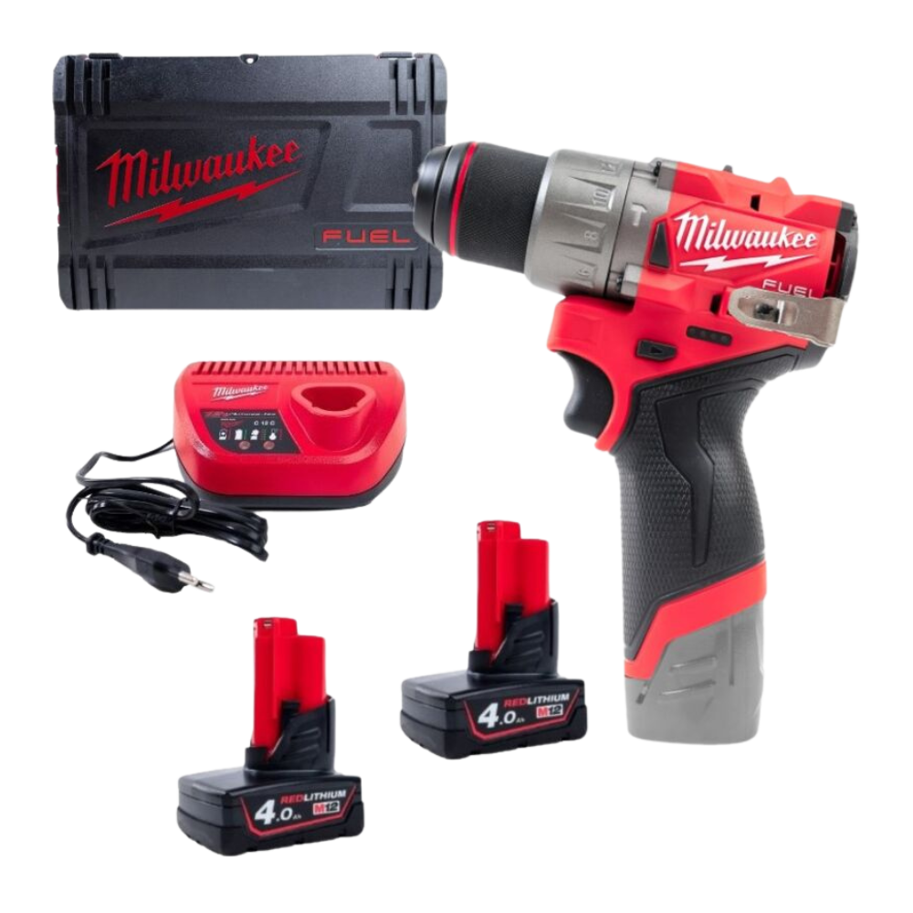 Masina de gaurit insurubat Milwaukee M12FPD2-402X, cu percutie M12 FUELtm subcompacta, 2 x acumulator M12 B4, 1 x incarcator C12 C, 1 x cutie HD